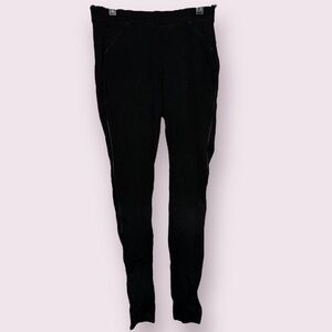 HUE Black Faux Leather Trim Leggings Stretch Pull On Pants Size XS